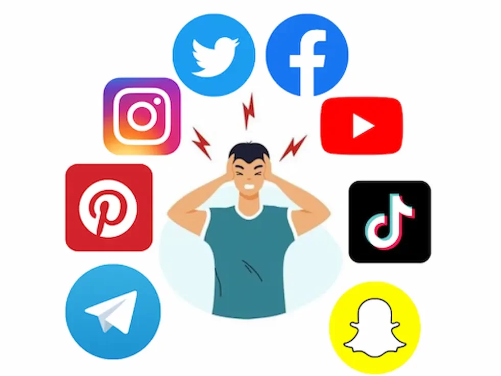 a man with a bunch of social media icons above his head