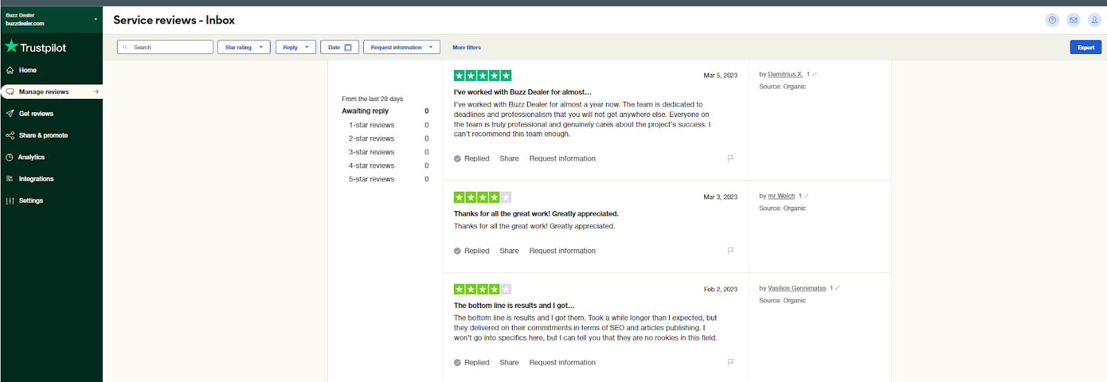 inside look of the Trustpilot management system 