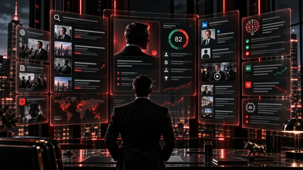 Executive reviewing his reputation across search, media and AI platforms