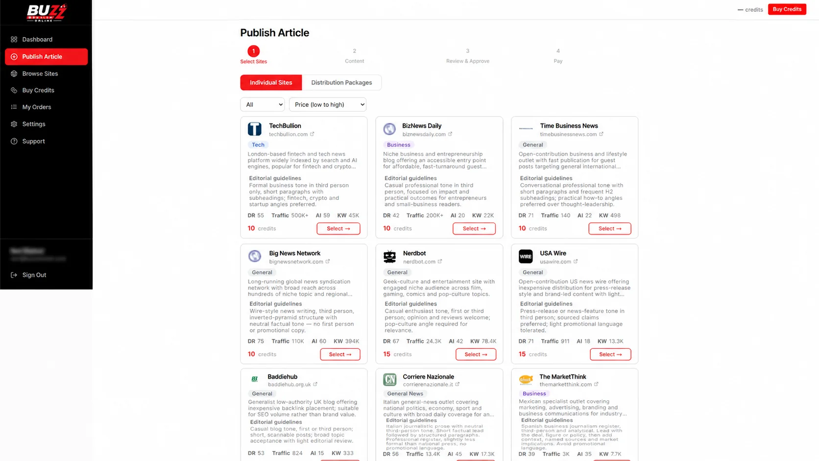 Buzz Dealer Online: selecting publishing sites by category, region and language