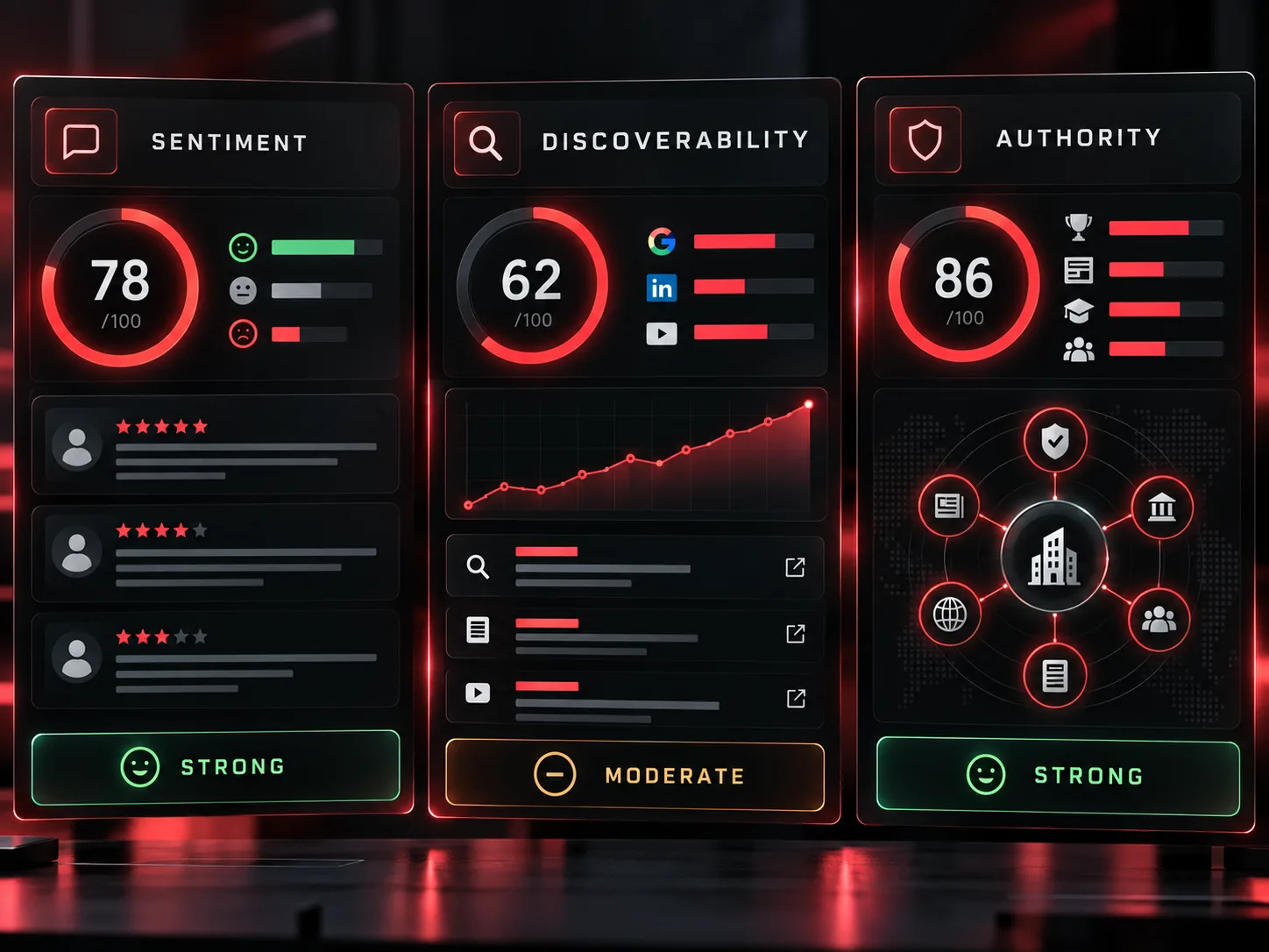 Reputation audit of a company: Sentiment, Discoverability and Authority graded Strong, Moderate or Weak
