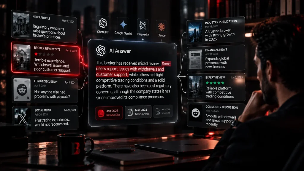 Illustration of news, reviews and community posts shaping an AI answer about a broker