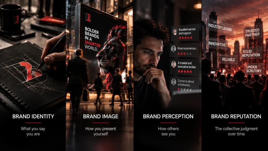 Brand identity, brand image, brand perception and brand reputation compared by who shapes each one
