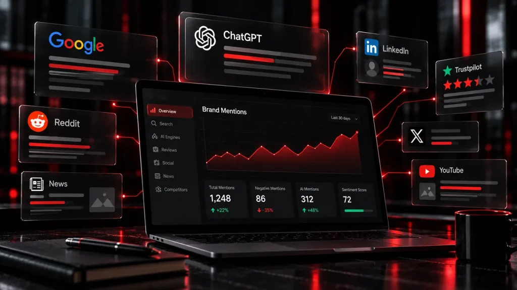 Illustration of brand visibility metrics and source monitoring in an AI dashboard