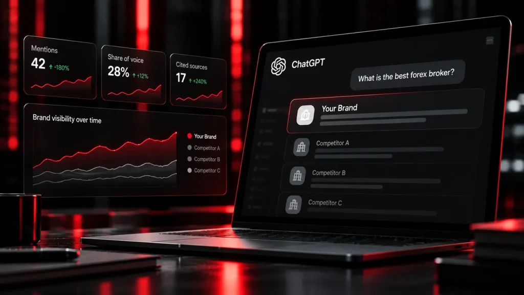 Illustration of an AI brand visibility dashboard with answer and trend monitoring
