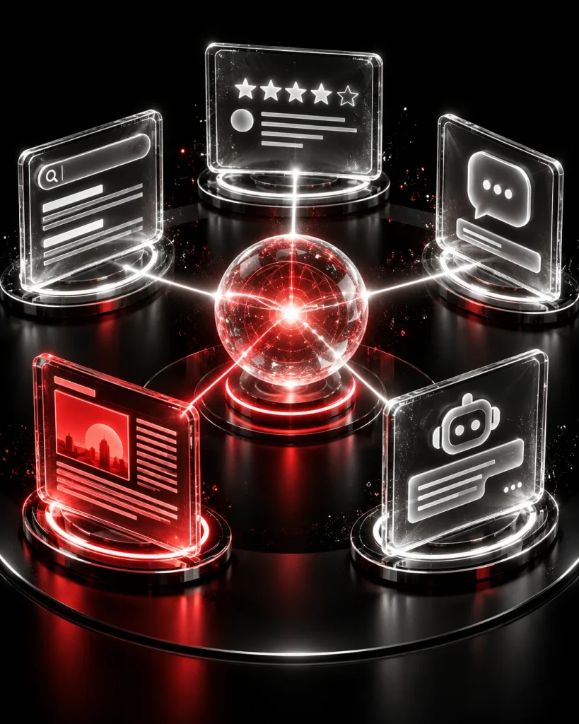 The five places a digital reputation lives: search, reviews, social, news and AI assistants, each feeding the same impression