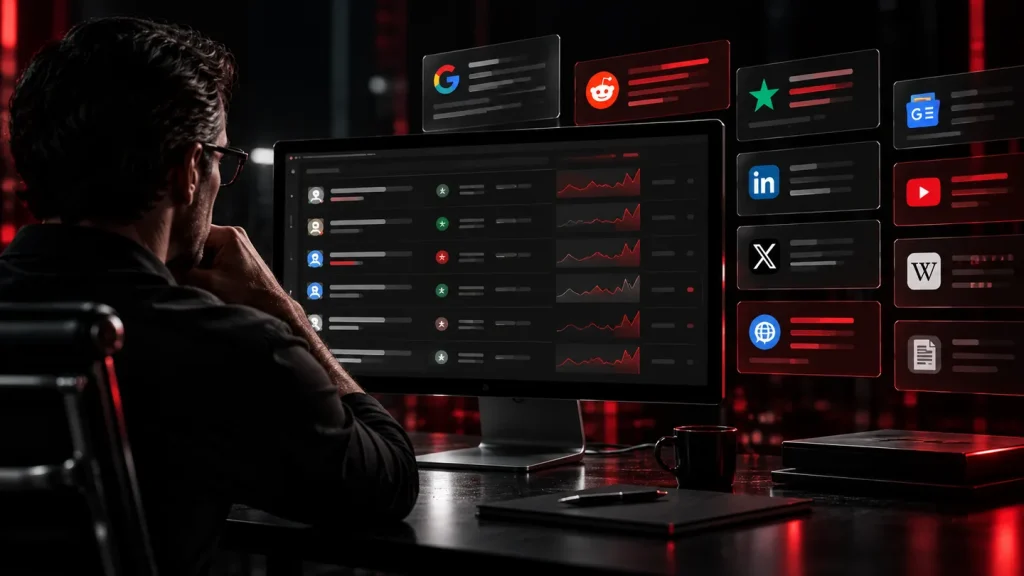 Illustration of reviews, search, social mentions and AI answers monitored together